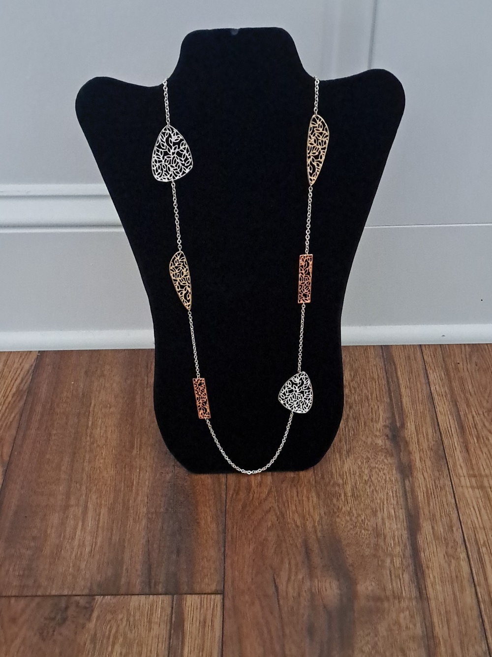 Tri-Tone Filigree Long Necklace - Silver, Gold & Rose Gold